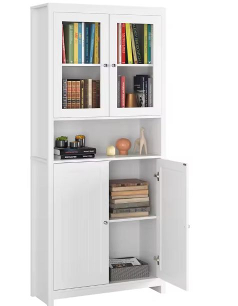 Witte Vitrinekast met Glazen & Houten Deuren – 190 cm Hoog