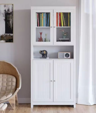 Witte Vitrinekast met Glazen & Houten Deuren – 190 cm Hoog