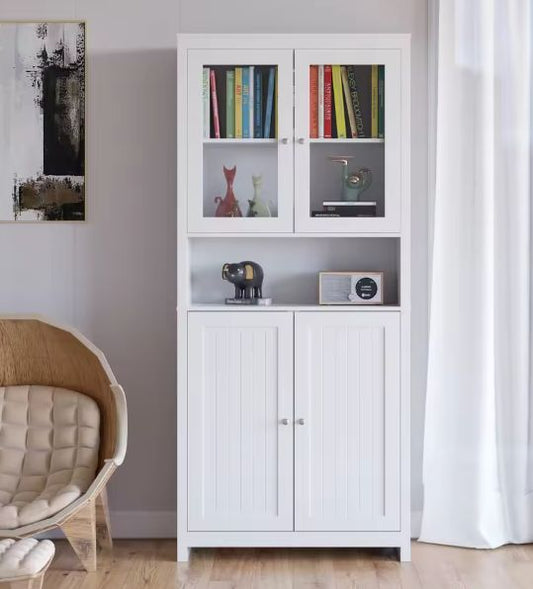Witte Vitrinekast met Glazen & Houten Deuren – 190 cm Hoog