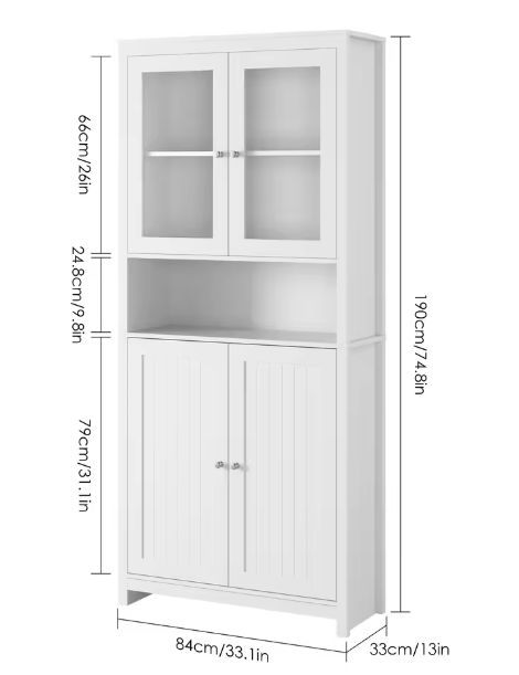 Witte Vitrinekast met Glazen & Houten Deuren – 190 cm Hoog