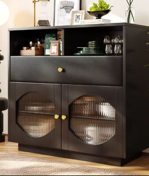 Modern Zwart Keukendressoir – Glazen Deuren & Opbergvakken 100 cm
