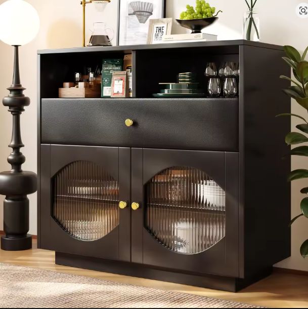 Modern Zwart Keukendressoir – Glazen Deuren & Opbergvakken 100 cm