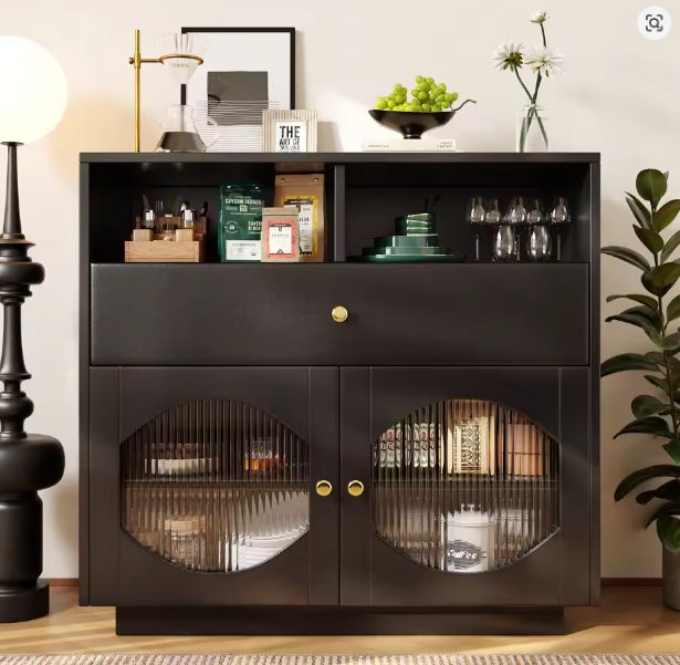 Modern Zwart Keukendressoir – Glazen Deuren & Opbergvakken 100 cm