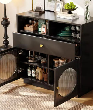 Modern Zwart Keukendressoir – Glazen Deuren & Opbergvakken 100 cm