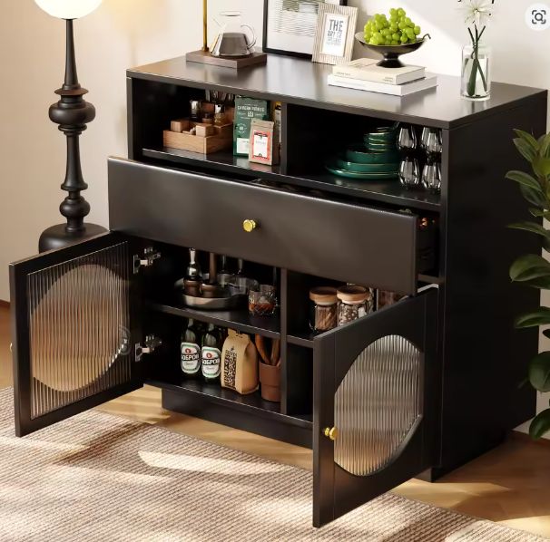 Modern Zwart Keukendressoir – Glazen Deuren & Opbergvakken 100 cm