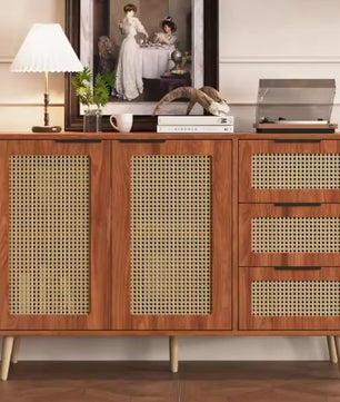 Vintage Rotan Dressoir – 2 Deuren & 3 Lades – 120 cm Breed
