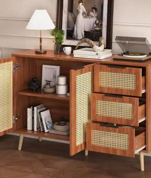 Vintage Rotan Dressoir – 2 Deuren & 3 Lades – 120 cm Breed