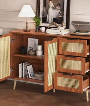 Vintage Rotan Dressoir – 2 Deuren & 3 Lades – 120 cm Breed