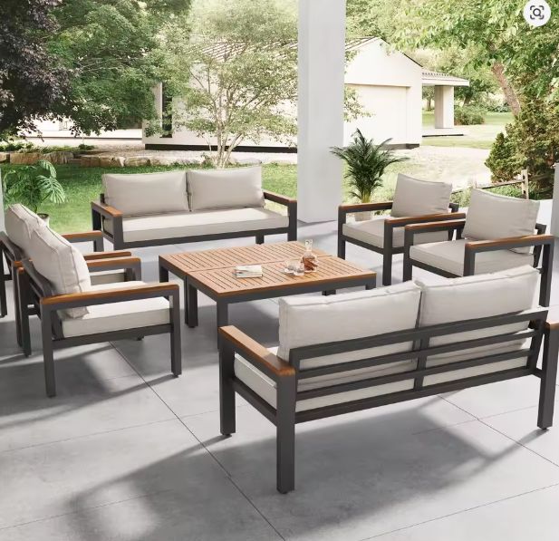 8-delige Tuinmeubelset – Metalen Frame & Acaciahouten Details