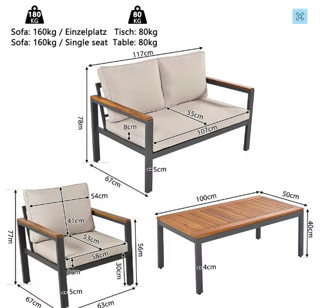 8-delige Tuinmeubelset – Metalen Frame & Acaciahouten Details