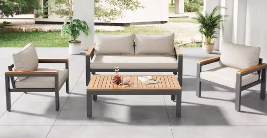 8-delige Tuinmeubelset – Metalen Frame & Acaciahouten Details