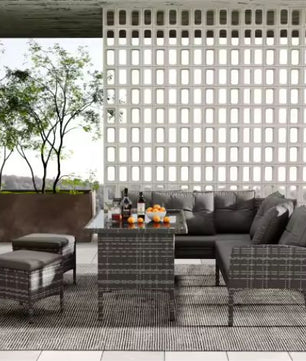 7-persoons Polyrotan Tuinset – Met Kussens & Glazen Tafelblad, Modern en Duurzaam