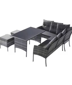 7-persoons Polyrotan Tuinset – Met Kussens & Glazen Tafelblad, Modern en Duurzaam