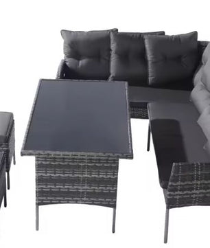 7-persoons Polyrotan Tuinset – Met Kussens & Glazen Tafelblad, Modern en Duurzaam