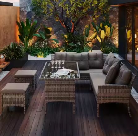 7-persoons Polyrotan Tuinset – Met Kussens & Glazen Tafelblad, Modern en Duurzaam