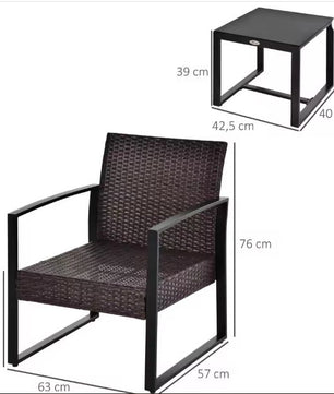 3-delige Rotan Balkonset – 2 Stoelen met Kussens & Tafel