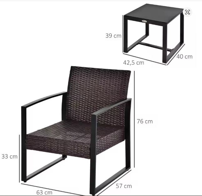 3-delige Rotan Balkonset – 2 Stoelen met Kussens & Tafel