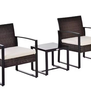 3-delige Rotan Balkonset – 2 Stoelen met Kussens & Tafel
