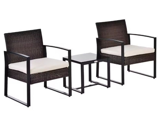3-delige Rotan Balkonset – 2 Stoelen met Kussens & Tafel