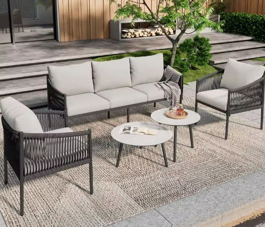 5-delige Tuinloungeset – 3-zitsbank, 2 Fauteuils & 2 Tafels, Gevlochten Touw & Glazen Blad