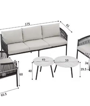 5-delige Tuinloungeset – 3-zitsbank, 2 Fauteuils & 2 Tafels, Gevlochten Touw & Glazen Blad