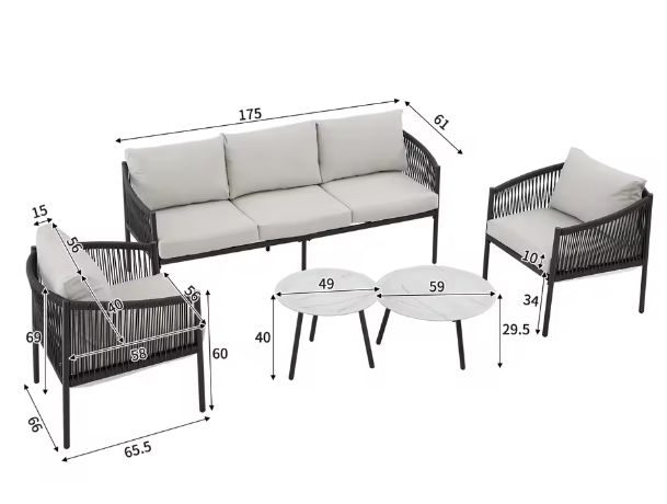 5-delige Tuinloungeset – 3-zitsbank, 2 Fauteuils & 2 Tafels, Gevlochten Touw & Glazen Blad