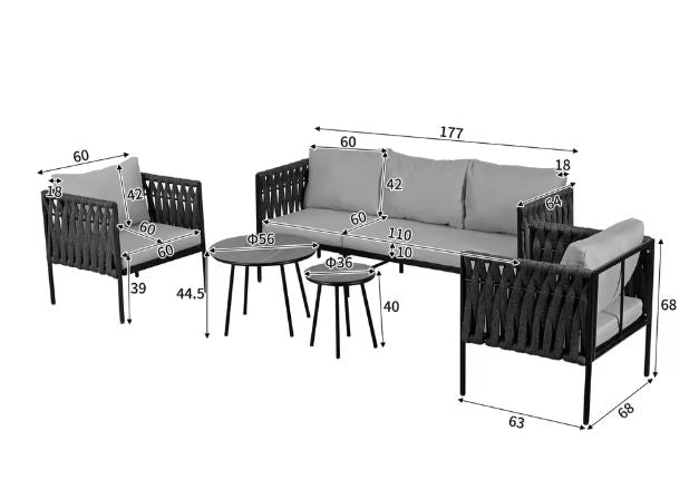 Tuinloungeset 5-delig – Bank, Fauteuils & Tafels met Kussens