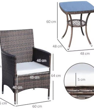 3-delige Balkon Loungeset – 2 Rotan Stoelen & Tafel met Kussens