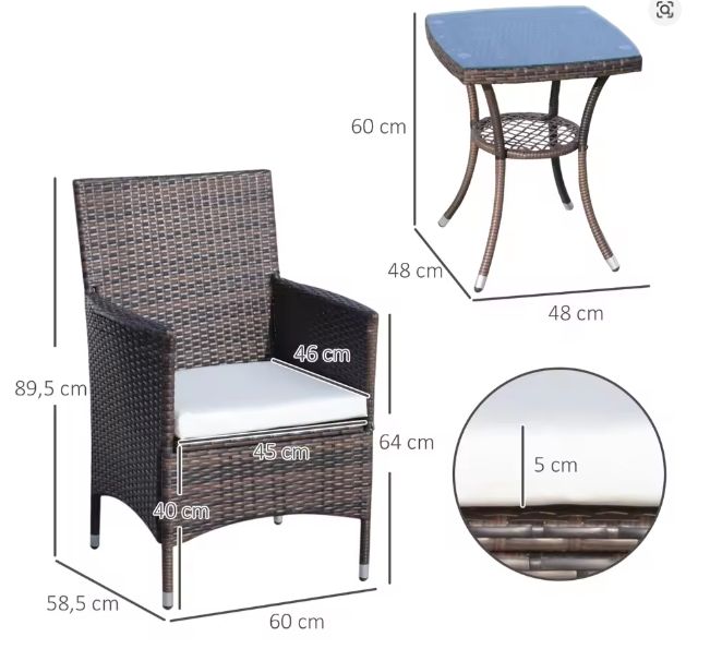 3-delige Balkon Loungeset – 2 Rotan Stoelen & Tafel met Kussens