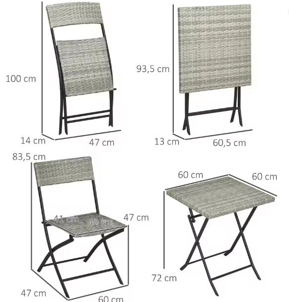 3-delige Polyrattan Balkonset – Klapstoelen & Tafel Donkergrijs
