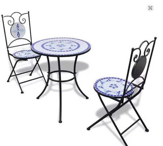 3-delige Bistroset – Keramisch Mozaïek Blauw/Wit Tuinset