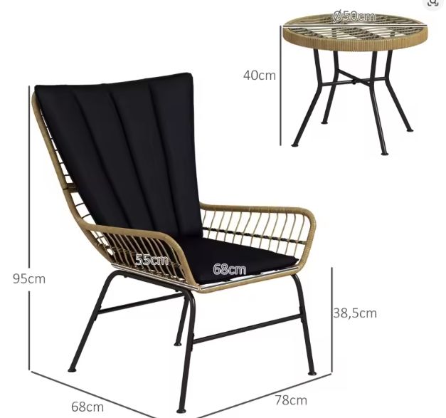 3-delige Rotan Bistroset – Tuinset met Vlinderrug & Glazen Tafel