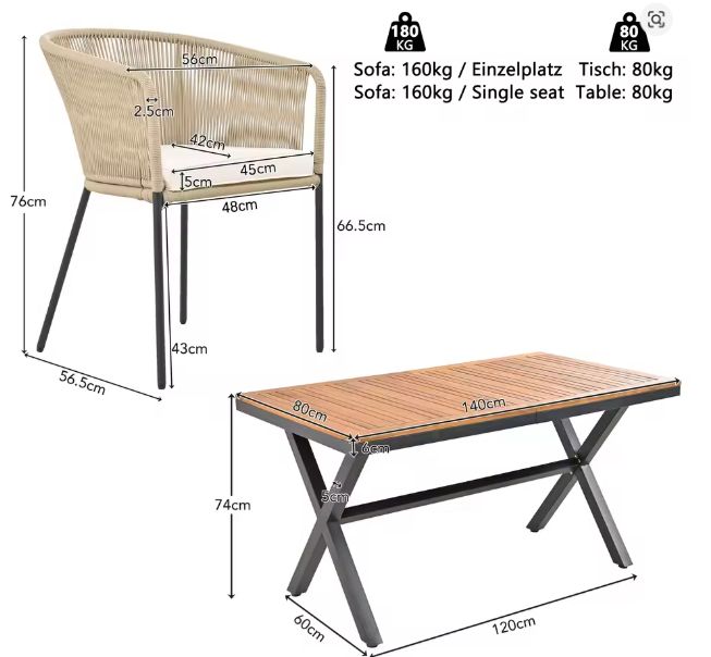 Tuin Eettafelset voor 6 Personen – Acaciahout & Beige Stoelen