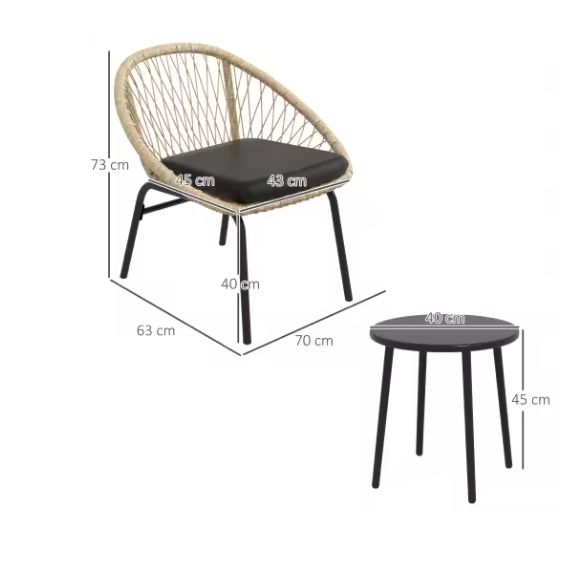 3-Delige Rotan Tuinset – Tafel en 2 Stoelen met Kussens, Weerbestendig & Comfortabel