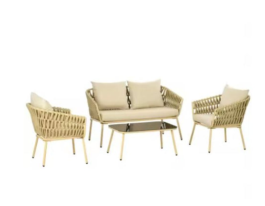 4-delige Rotan Tuinset – Bank, 2 Stoelen & Glazen Salontafel voor Buiten