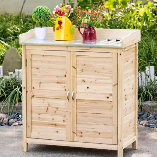 Houten Tuinkast 83x40x92 cm – Opbergkast met Werkblad & 2 Vakken, Naturel