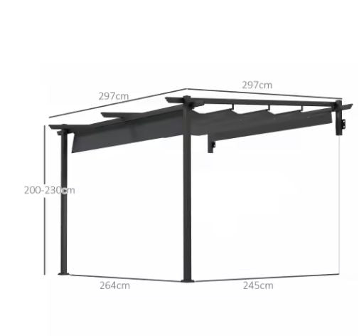 Aluminium Pergola 3x3 m – Wandgemonteerd Terrasdak met Uitschuifbaar Dakzeil en Stalen Frame
