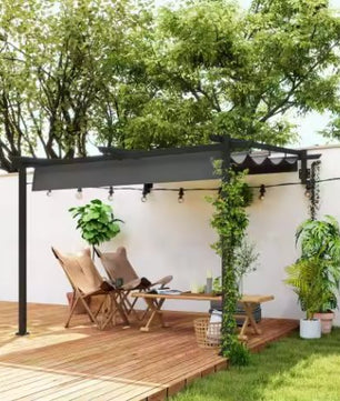 Aluminium Pergola 3x3 m – Wandgemonteerd Terrasdak met Uitschuifbaar Dakzeil en Stalen Frame