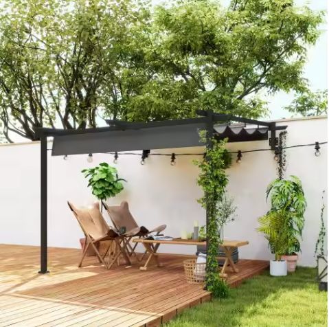 Aluminium Pergola 3x3 m – Wandgemonteerd Terrasdak met Uitschuifbaar Dakzeil en Stalen Frame