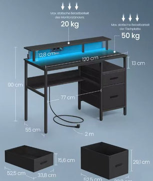 Verstelbaar Bureau met Lades & LED – 120 cm Werkblad, Monitorstandaard & Stopcontacten