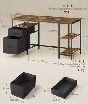 Bureau met Lades en Planken – 140 cm Werkblad & Industriële Stijl