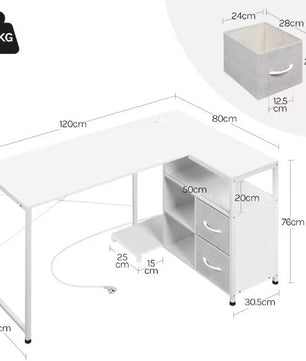 L-Vormig Hoekbureau met USB & Opbergruimte – 120 cm Werkblad