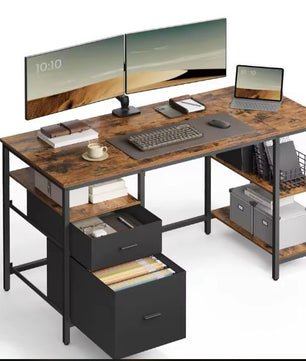 Bureau met 3 Planken & 2 Lades – 60×140×76 cm, Industrieel en Functioneel