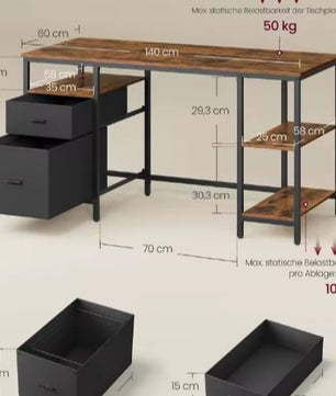 Bureau met 3 Planken & 2 Lades – 60×140×76 cm, Industrieel en Functioneel