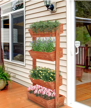 4-Laags Verhoogd Tuinbed – Verticaal Houten Bloempottenrek met Afneembare Ladder & Verstelbare Planken
