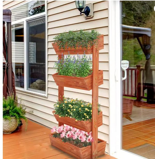 4-Laags Verhoogd Tuinbed – Verticaal Houten Bloempottenrek met Afneembare Ladder & Verstelbare Planken