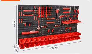 Wandgemonteerd Opbergrek voor Gereedschap – 30/48 Bin Organizer met 17-delige Set Haken voor Garage of Werkplaats, 117x55x2 cm