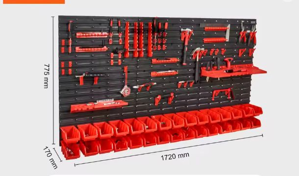 Wandgemonteerd Opbergrek voor Gereedschap – 30/48 Bin Organizer met 17-delige Set Haken voor Garage of Werkplaats, 117x55x2 cm