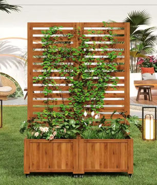 Houten Buitenplanter met Traliewerk – 2 Ruime Plantenbakken & Wielen, Ideaal voor Klimplanten