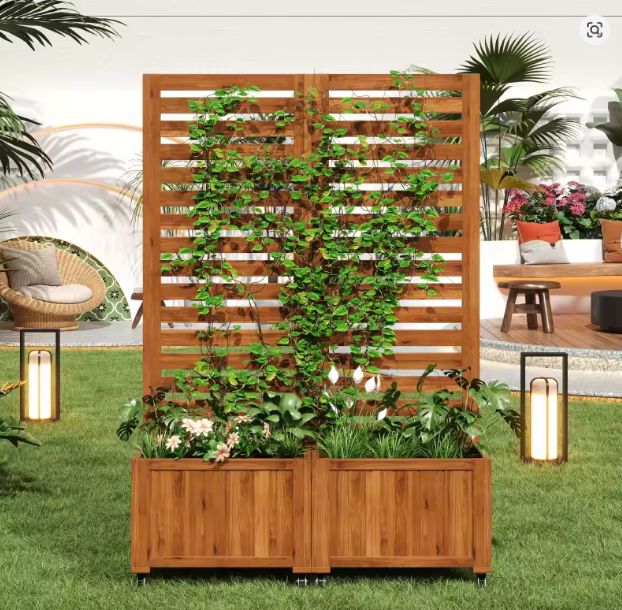 Houten Buitenplanter met Traliewerk – 2 Ruime Plantenbakken & Wielen, Ideaal voor Klimplanten
